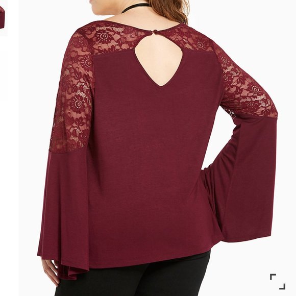 Torrid Lace Inset Bell Sleeve Top 3X Maroon - Picture 9 of 9